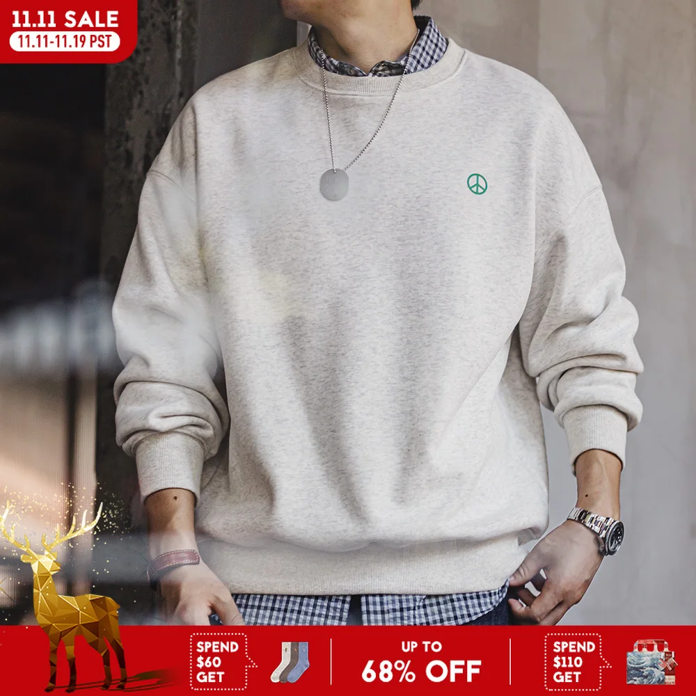 Maden Casual Gray Round-Neck Hoodie Fleece-Lined Sweatshirt Basic Loose Fit Undershirt for Men's Autumn and Winter Warm Tops