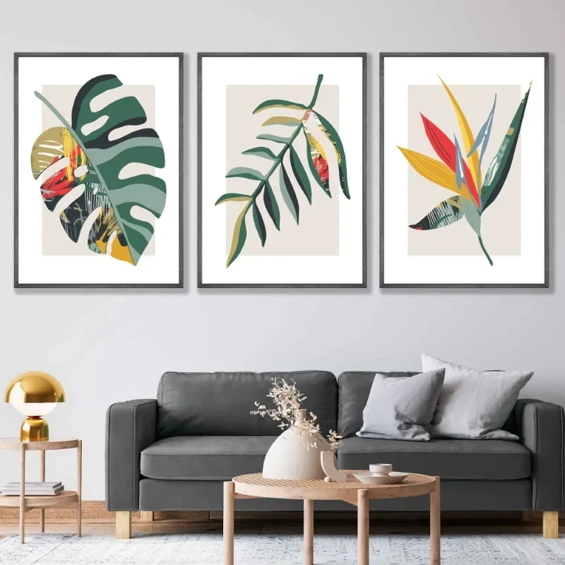 Multiple sizes 1pc frameless Canvas Painting Boho Botanical Tropical Floral Leaf Mid Century Green Beige Yellow Poster Canvas Pr