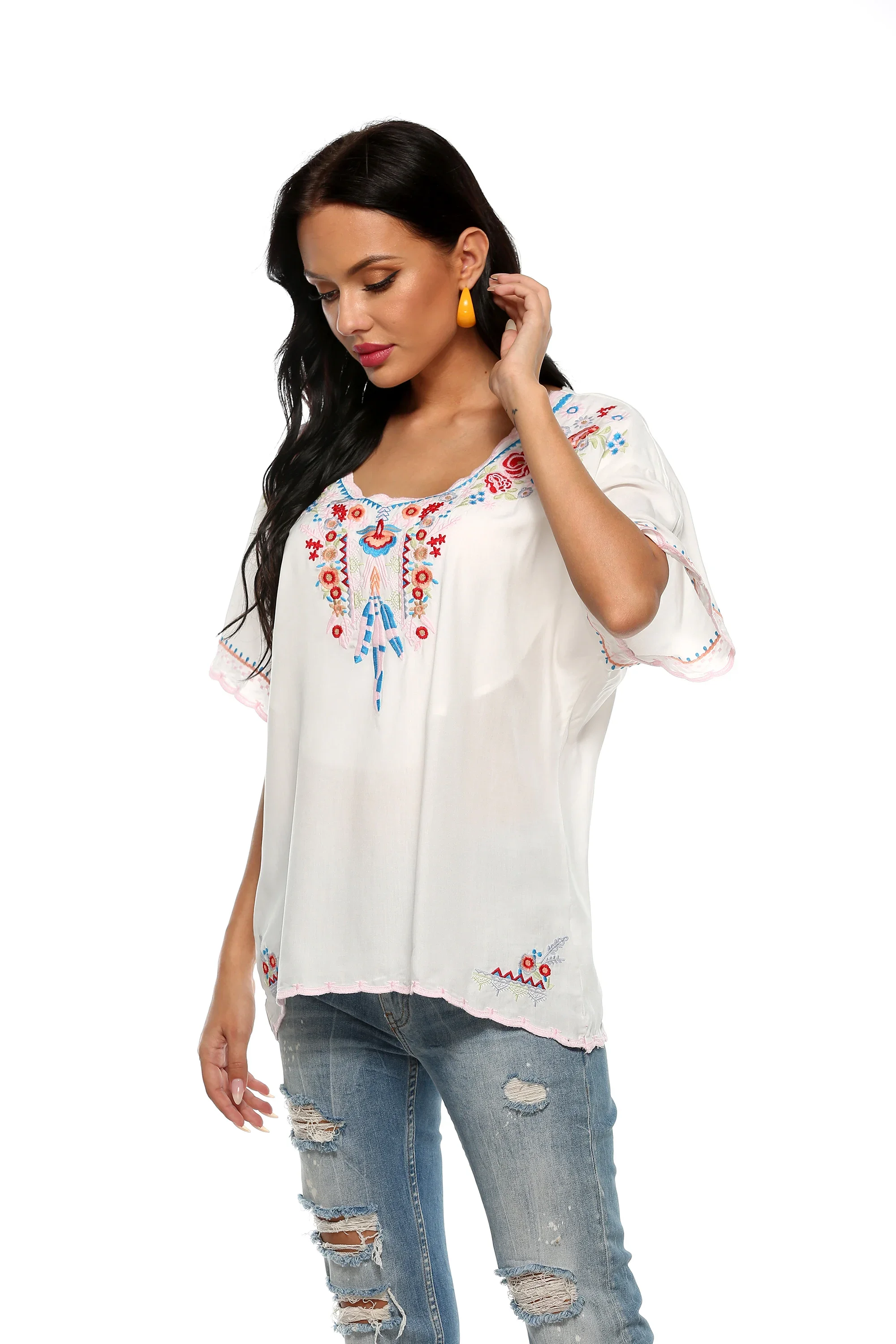 Eaeovni  Bohemian Floral Embroidered Tops For Women Mexican Style Shirts Womens V Neck Boho Summer Peasant Tunics Blouses