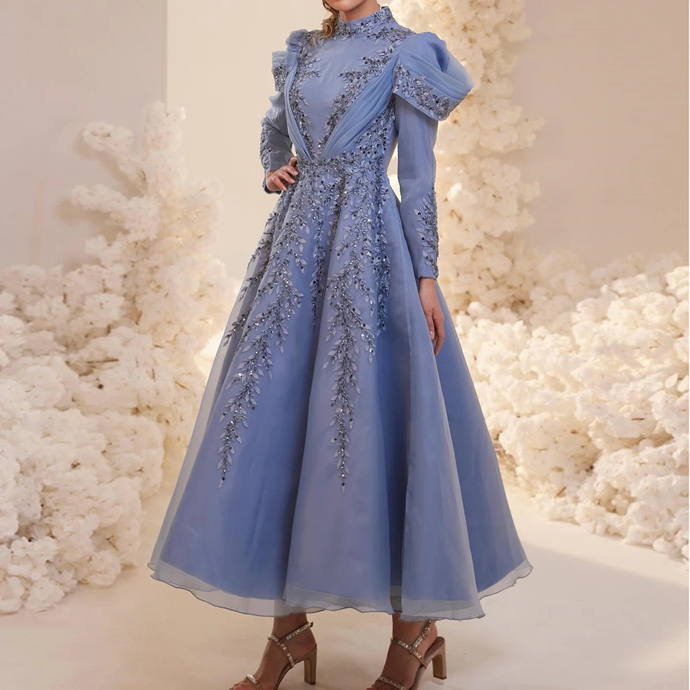

Customized A-line Evening Dresses Tea-length High-neck Full Sleeve Prom Gown Fashion Sequined Flowers Pleat Draped Party Gown