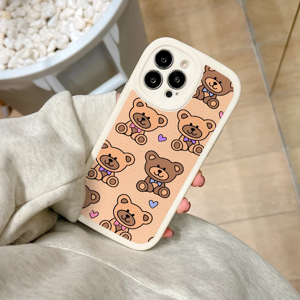 Teddy Bear Paste Brown Phone Case For IPhone 11 12 13 14 15 Plus Pro Max PU Leather Silicon Soft Cover