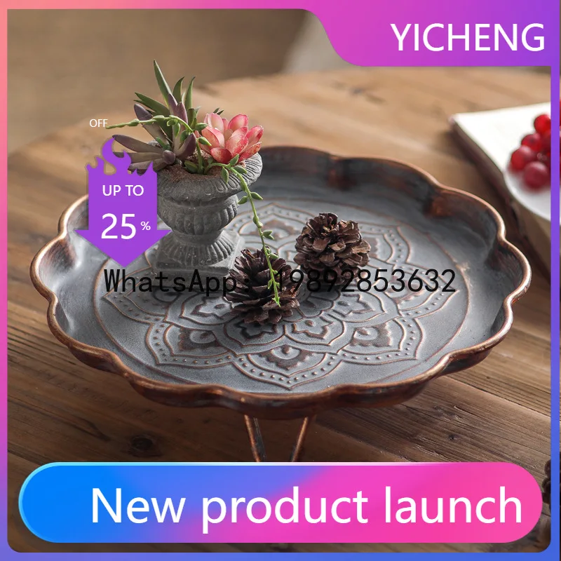 

LYY Chinese Style Retro Polygonal Carved Iron Tray Tea Room Restaurant Stove Cooking Tea Tabletop Fruit Plate Decorative