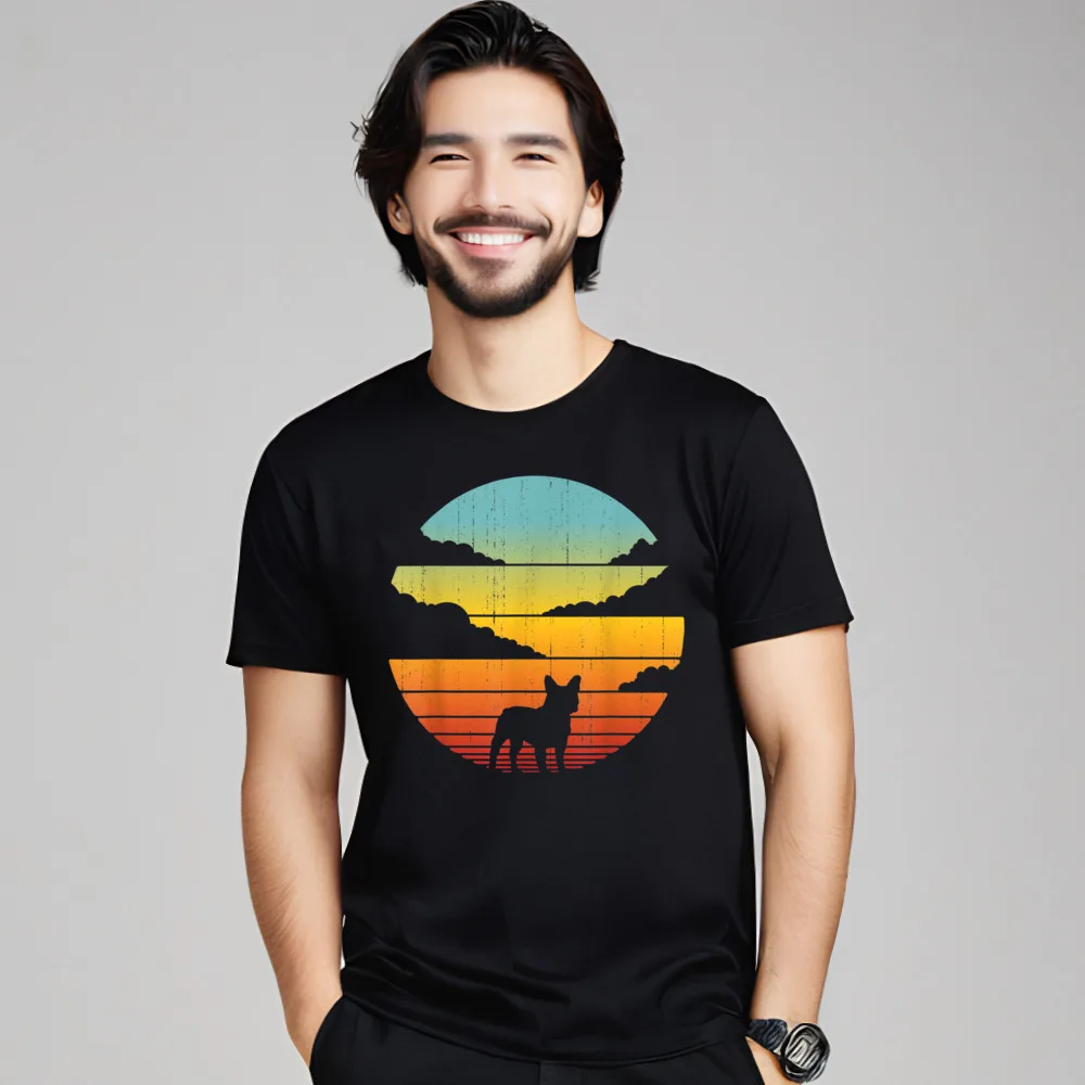 Pure Cotton Slogan Tees Retro Short Sleeve Woman T-shirts French Bulldog Retro Vintage Style Group Father Day T-Shirt Round Neck