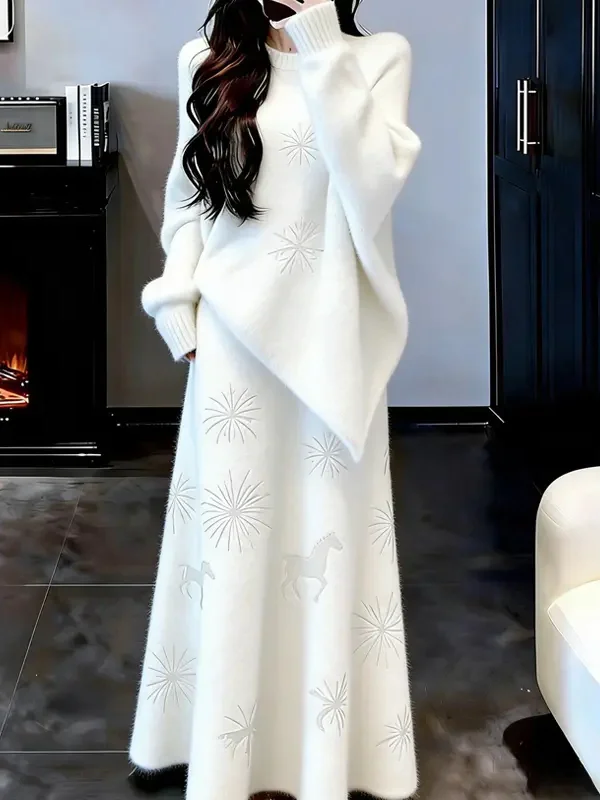 

Вязаный комплект больших размеров белого цвета: мягкий, уютный топ с длинными рукавами и круглым вырезом и юбка для женщин больших размеров, зимняя мода.