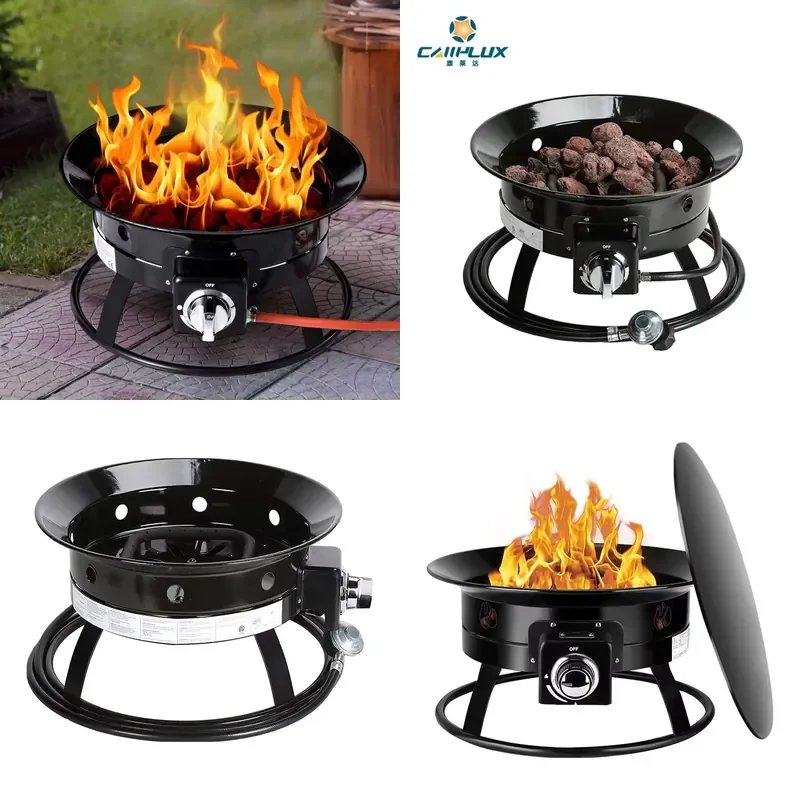Certified Steel Outdoor Fire Pit Portable Propane Camping Stove with Lava Stone and Handle for Patio Use
