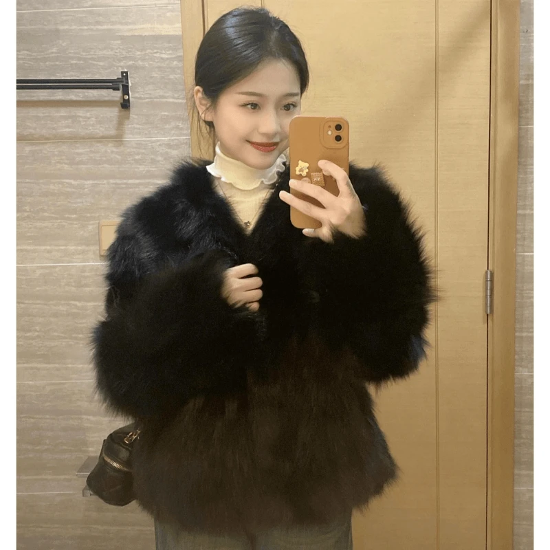 

2026 Imitation Fox Fur Eco Friendly Fur Coat Cardigan Women's Winter New Black Short Style Slim and Fashionable Young Fur Coat