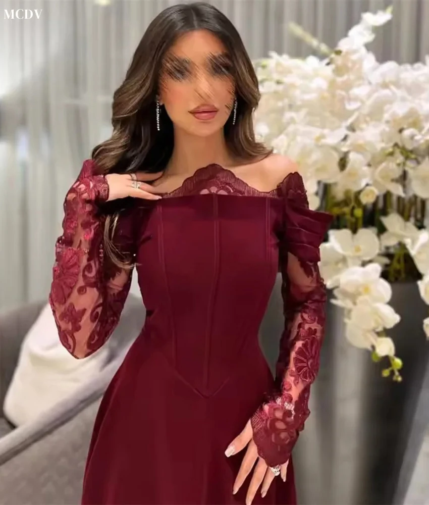 Robe de soirée en dentelle, Jersey gracieux, ligne a, épaules dénudées, tempérament, col bateau, manches longues, robes de célébrité