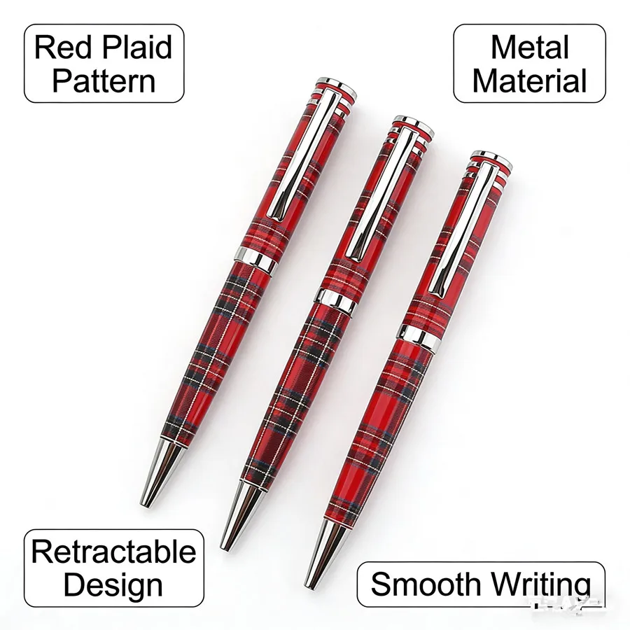 

Fashion red plaid metal ballpoint pen, retractable design for office signature and daily writing, ideal gift for men and women.