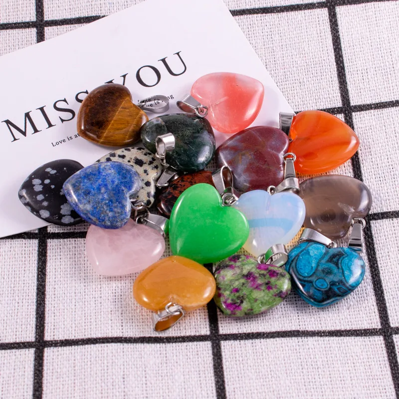 20pcs/ Bag Natural Stone Pendants Heart Shape Charms Pendants Amethyst Opal Necklace Pendant for DIY Making Jewelry