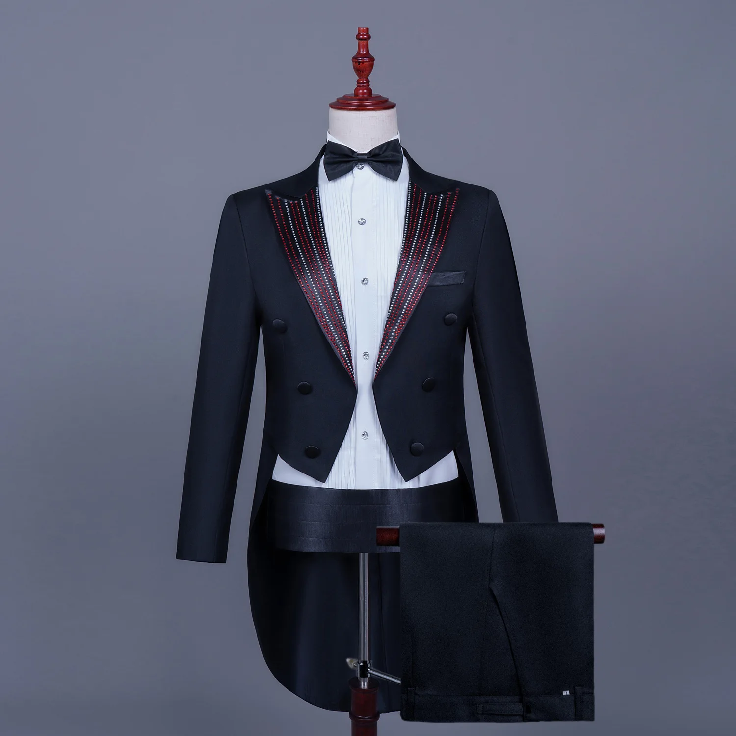 

Черно-белый мужской фрак, костюм со стразами, воротник, пиджак, брюки, костюмы, тонкий комплект для хора фокусника, вокалавра, фотосессии