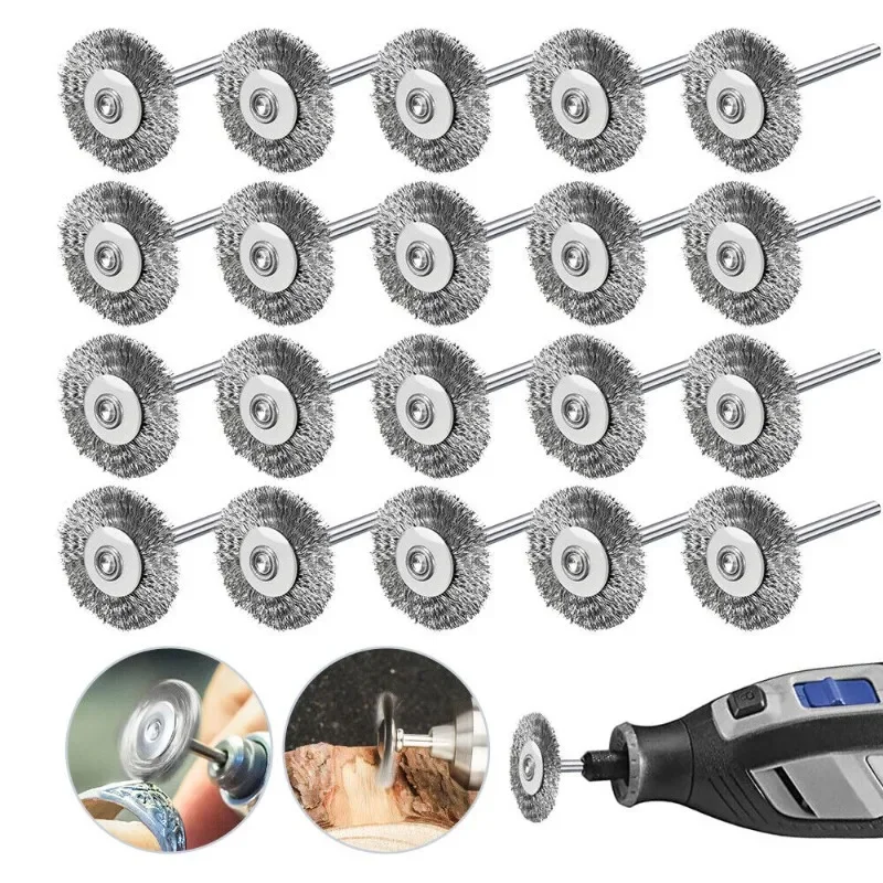 20Pcs Stainless Steel Wire Brush Round Brush Wheel Brush Kit Polishing Tool for Dremel Grinder Disc Abrasive Tool Accessories