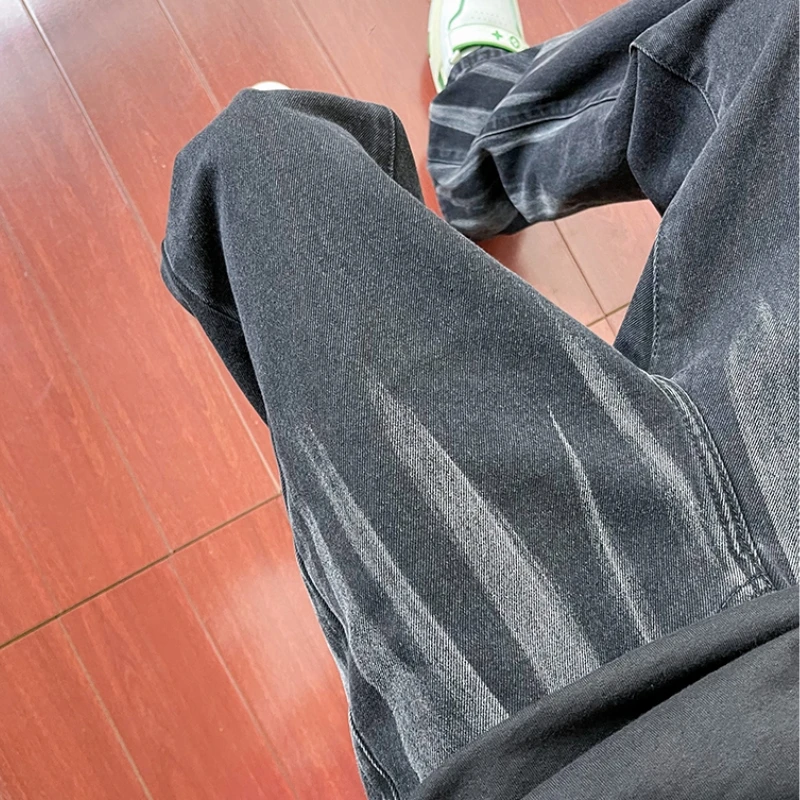 CUMUKKIYP Men's American Vibe Zipped Black Jeans with Split Wash and Straight Bell-bottomed Pants