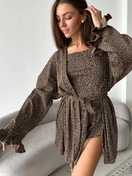 Hiloc Knitted Pajamas For Women 3 Piece Sets Print Long Sleeve Sleepwear Female Spaghetti Strap Top Casual Suits With Shorts