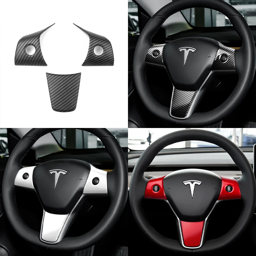 3pcs For Tesla Model 3 Y 2017-2023 Car Steering Wheel Decoration Patches Cover ABS Matte Carbon Fiber Stickers Auto Accessories