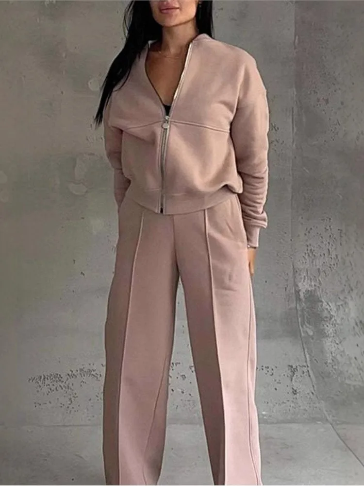

2026 Women Casual Long Sleeve Top Sweatshirt Pants Loose SetsFashion Zip Jacket Wide Leg Pants Two Piece Set