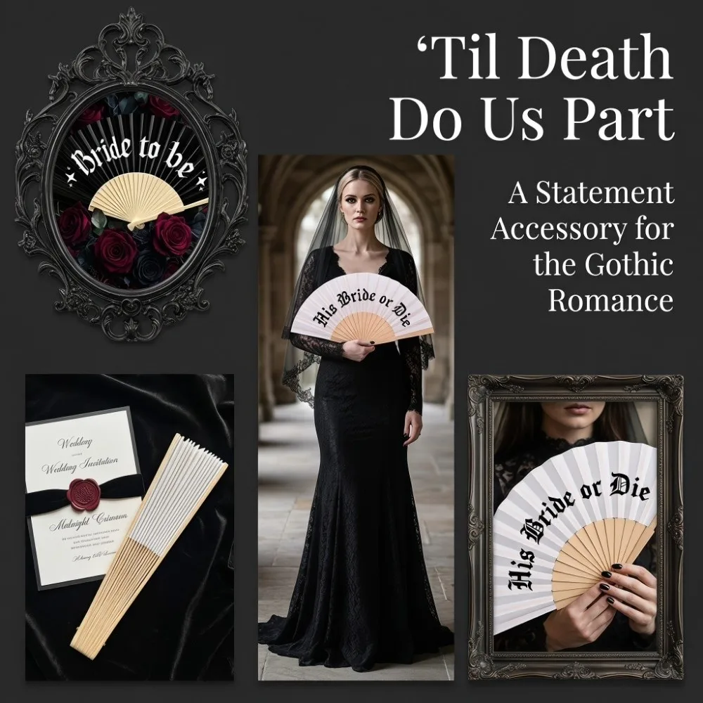 Vintage Gothic His Bride or Die Fan Large Folding Fan Halloween Black White Hand Fan Fan Crafts Handmade