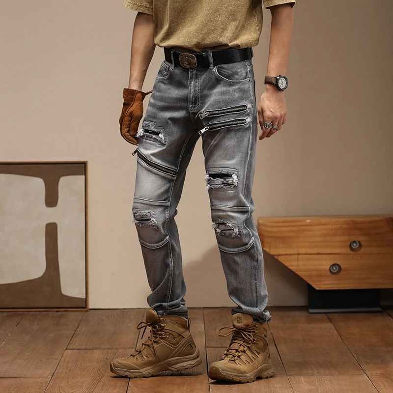 New American High Quality Trendy Slim Fit Zipper with Ripped Patch Motorcycle Feet Pants Vintage Jeans for Men Skinny Jeans Men