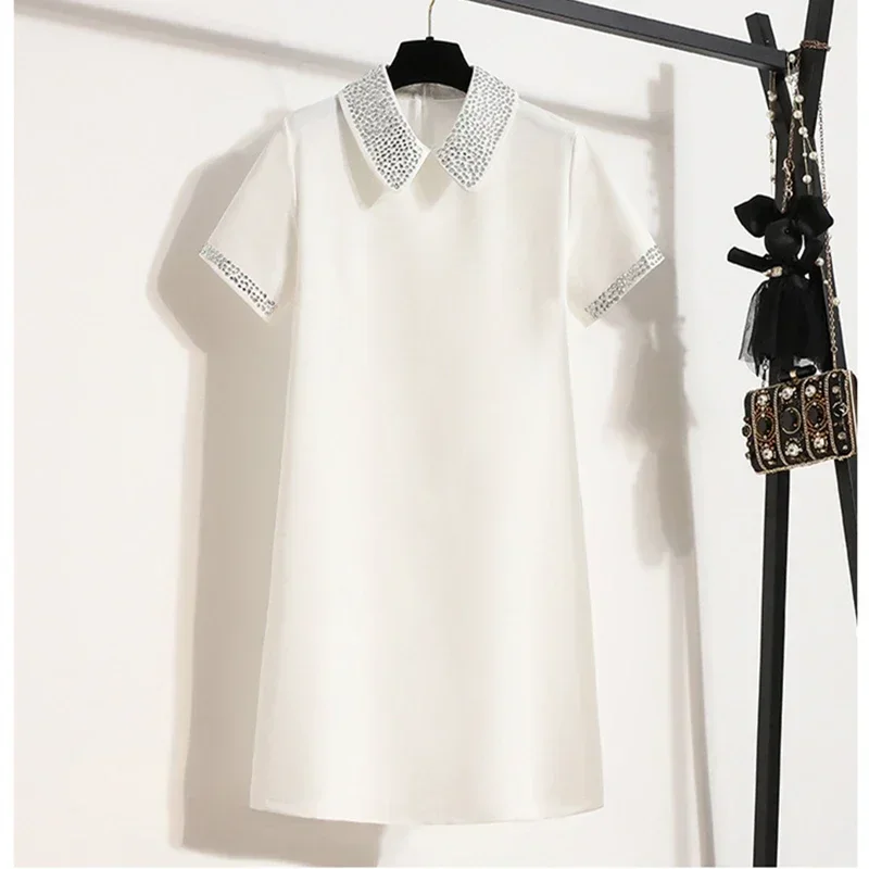 فستان قصير بياقة بيتر بان مطرز بالماس اللامع للسيدات ، موضة أنيقة ، سيدة مكتب ، تي شيرت بسيط ، أنيق ، جديد ، صيف