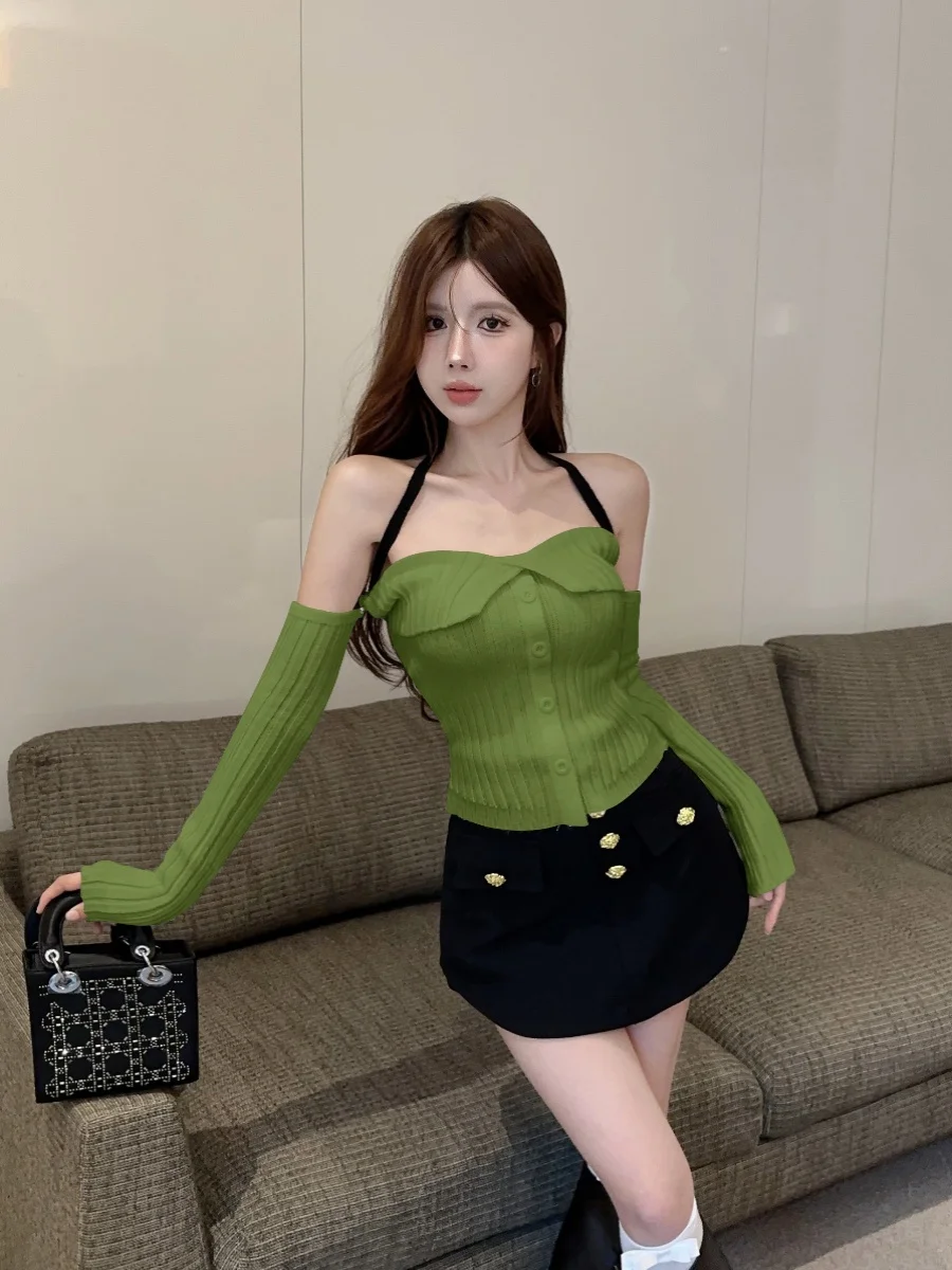 Immortal Gyaru Temperament Hanging Neck off-Shoulder Long sleeve Top Women Autumn and Winter Pure Desire Tea Sle Knit Botto...