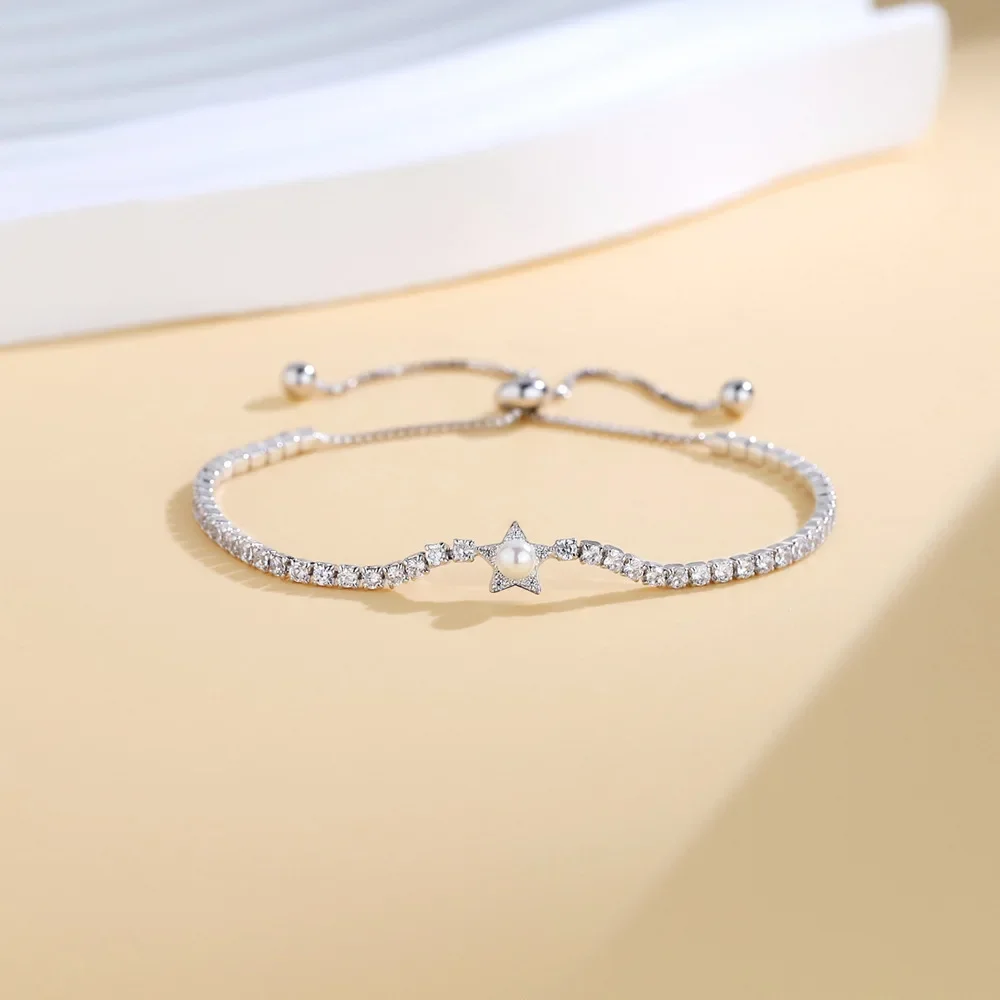 

New sterling silver S925 pentagram pearl sliding bracelet with adjustable full diamonds for women's wedding jewelry