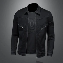 Men's High-Quality Fashion Handsome Trend Classic Denim Jacket Black Gold Zipper Biker Multi-Zip Winter Snow Jacket