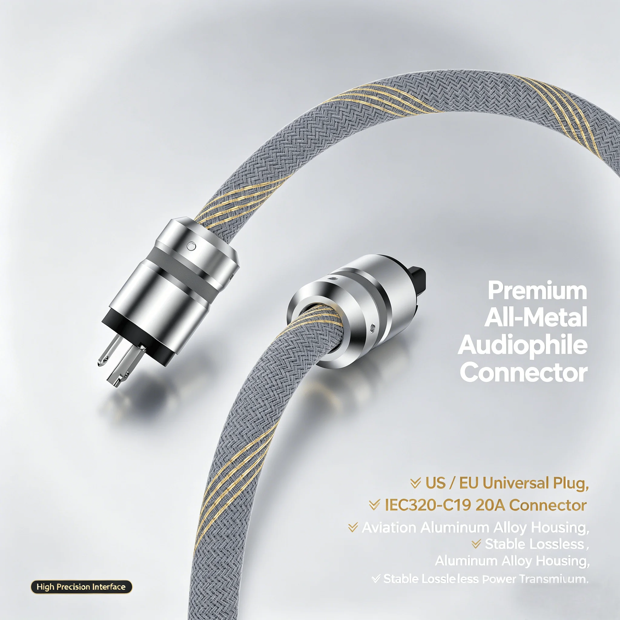 12AWG Hifi Power Cord OFC Copper Rhodium Plated US EU Plug to IEC C13 Shielded Audiophile AC Mains Cable for Amplifier DAC CD