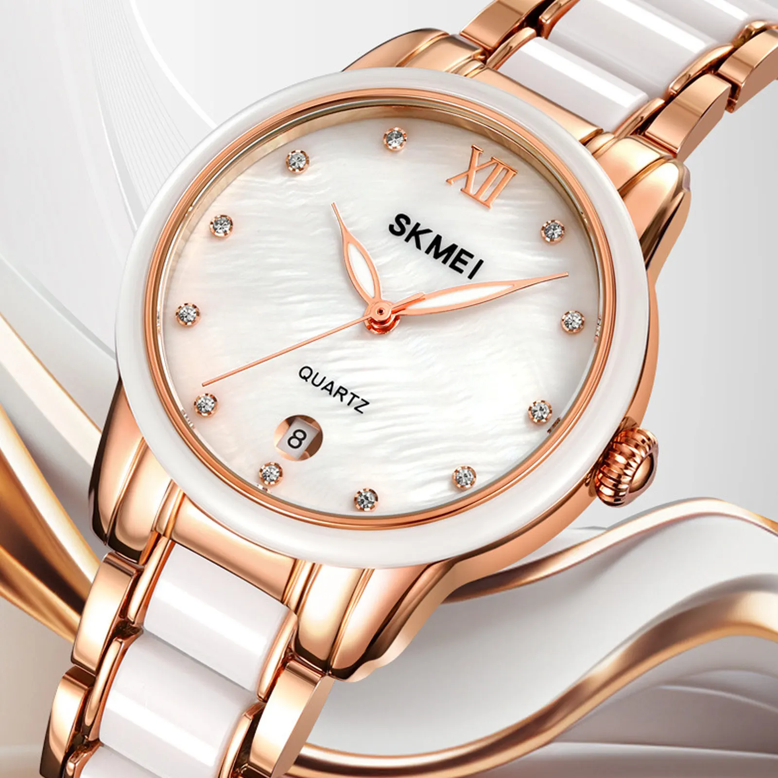 Women Quartz Watch Rhinestone Decoration Ceramic Stainless Steel Band Water Resistant Wrist Watch with Date Rose Gold