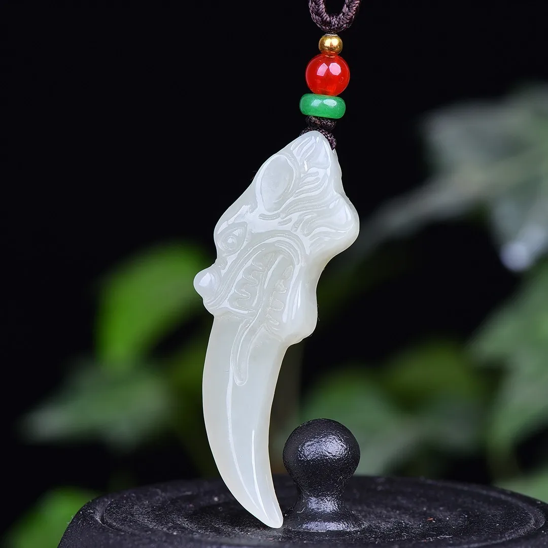 Natural Stone White Jade Dragon Tooth Pendant Necklace Men Women Genuine Hetian Jades Nephrite Wolf Tooth Charms Lucky Amulets