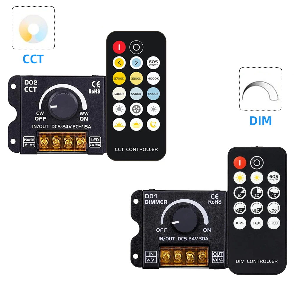 DC5-24V 30A LED Strip Light Knob Switch Dimmer with Wireless RF Controller for Single Color / CCT led strip Lights PWM Dimming ﻿