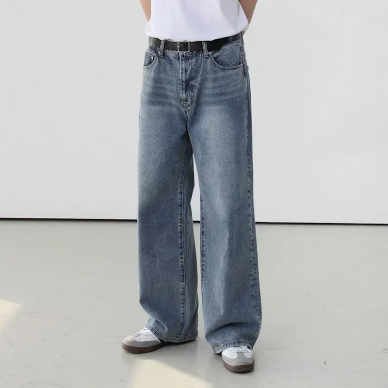 Vintage wash jeans men's summer casual loose long pants Korean style trend wide leg straight leg pants