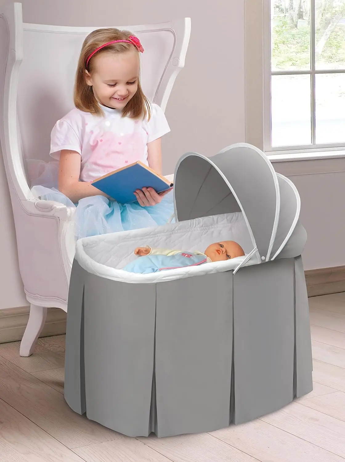 Doll Bassinet with Canopy for 18-20 Inch Dolls, Includes Storage Basket and Bedding - Gray Nursery Bed