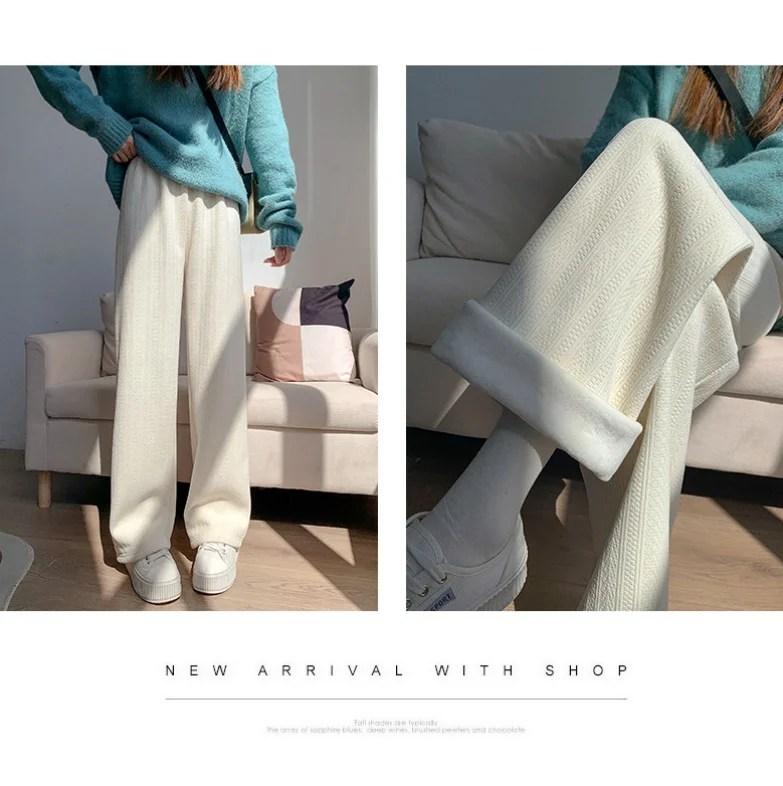 Damen Warme Dicke Weite Hosen Winter Plus Samt Kaschmir Freizeithosen Elastischer Bund Lange Damenhosen – Detail 5