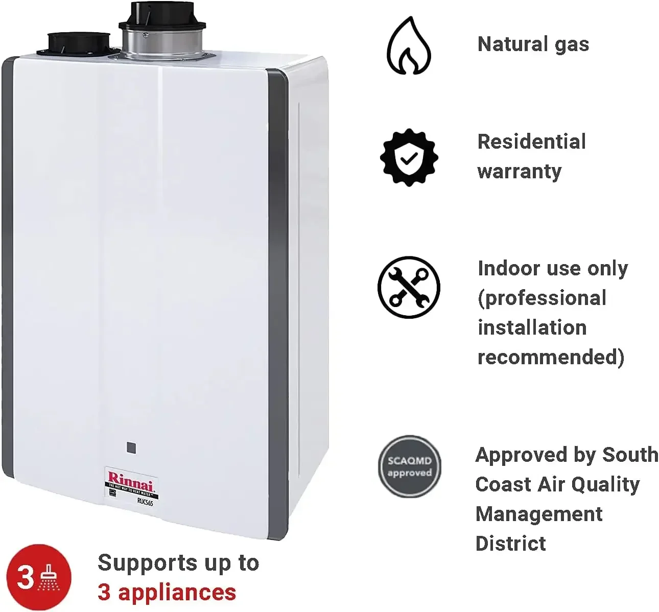 RUCS65IN Tankless Hot Water Heater, 6.5 GPM, Natural Gas, Indoor Installation