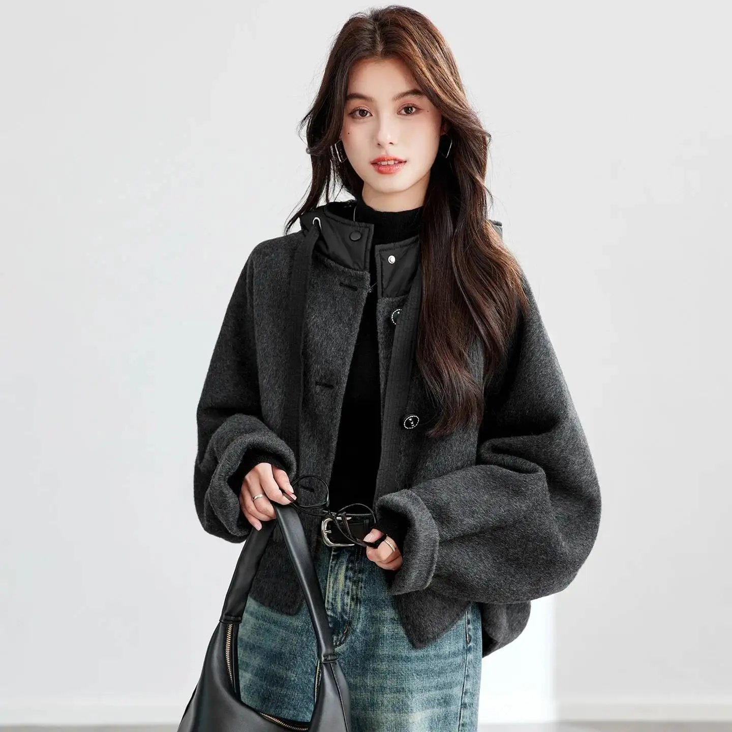 

Women's Woolen Cotton Cocoon Short Coat Autumn Winter Fashion Sleeve Hooded Vintage Tweed Jacket Commute Style