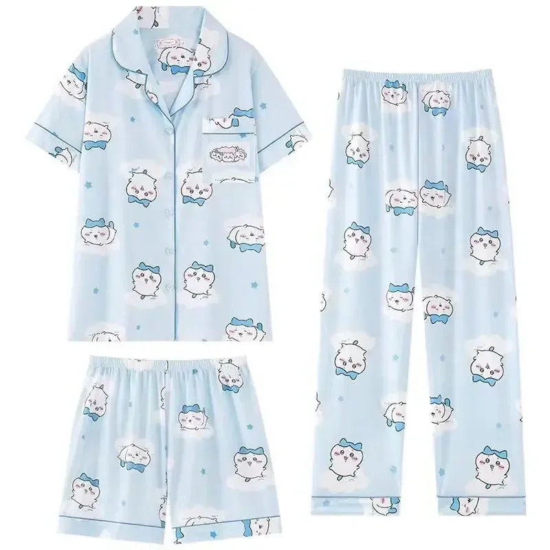 Chiikawa Cartoon Cute ハチワレ Hachiware うさぎ USAGI ちいかわ Pajamas Women's Summer New Short-sleeved Cardigan Home Wear Three-piece Set