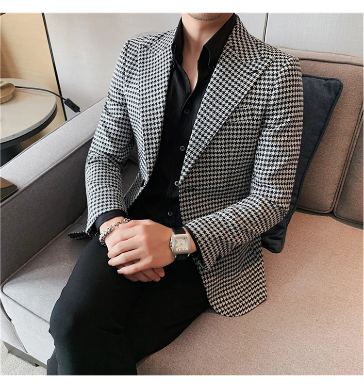 Plus Size 5XL Houndstooth Formal Jackets Two Buttons Long Sleeve Korean Mens Suit Jackets Office Wear Wedding Blazer One Coat