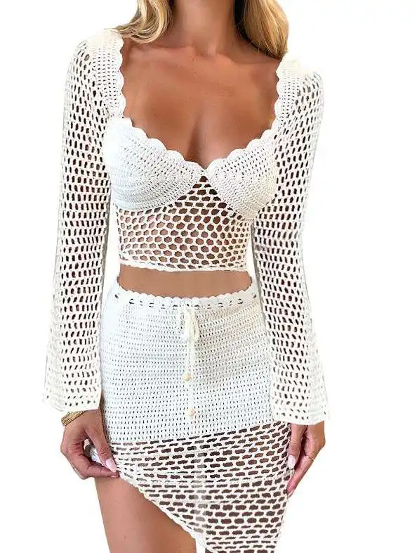 Set Rajutan Atasan Crop Top Seksi Berpotongan Rendah dan Berlubang dengan Rok Asimetris untuk Wanita, Ensemble Musim Panas yang Modis