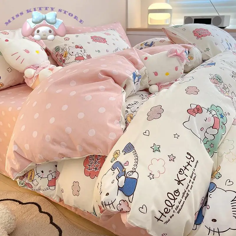 

Sanrio Hellokitty Cotton Pillow Cover Cartoon Characters Cute Cotton Four Piece Bed Sheet Quilt Cover Dormitory Three Piece Set