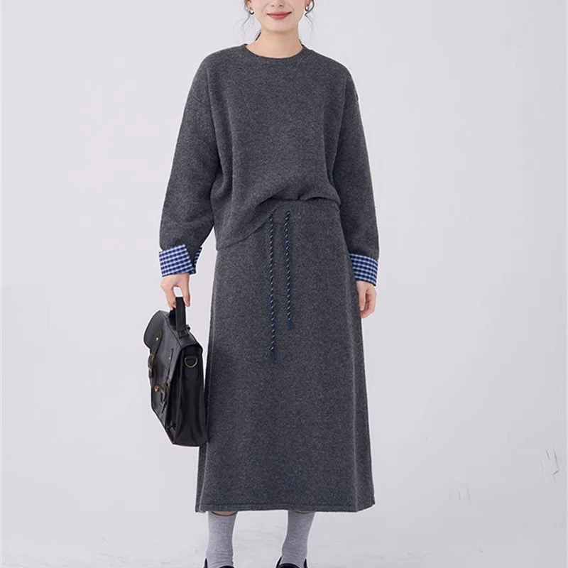 Anti-envelhecimento outono inverno coreano sle conjunto de camisola de malha feminina com punhos emendados casual solto ajuste saia conjunto de duas peças