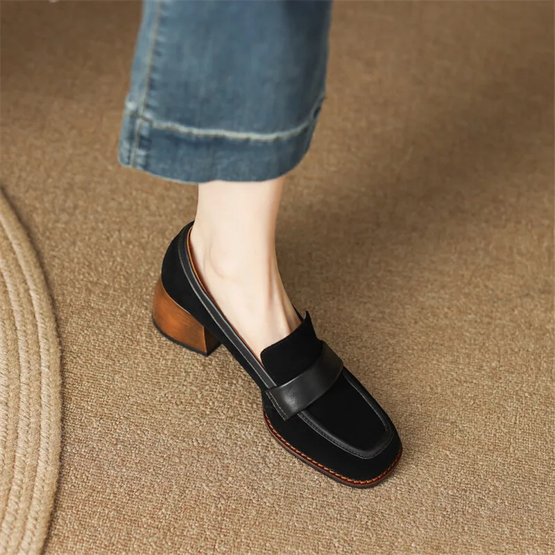 Spring Autumn New Women Pumps Sheep Suede Simple Loafers Casual Square Toe Shoes Woman Chunky Heel Shoes for Women Slip-On Shoes