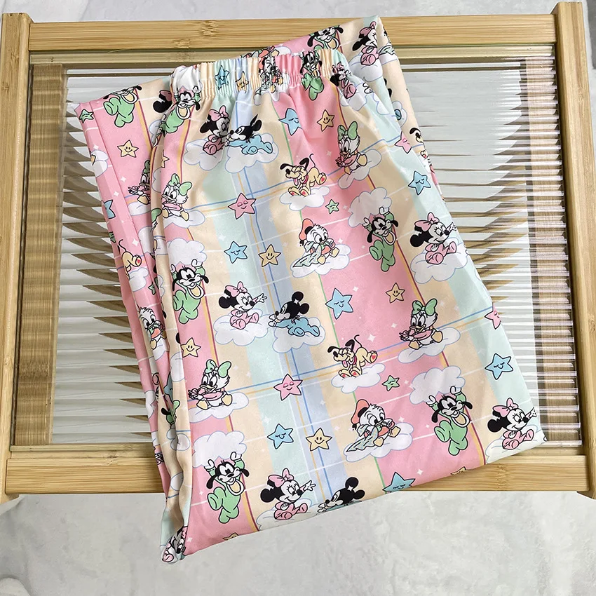 Mickey e Minnie desenhos animados calças de passeio, calça casual, calça de dormir solta e confortável, calça com ar condicionado, rosa