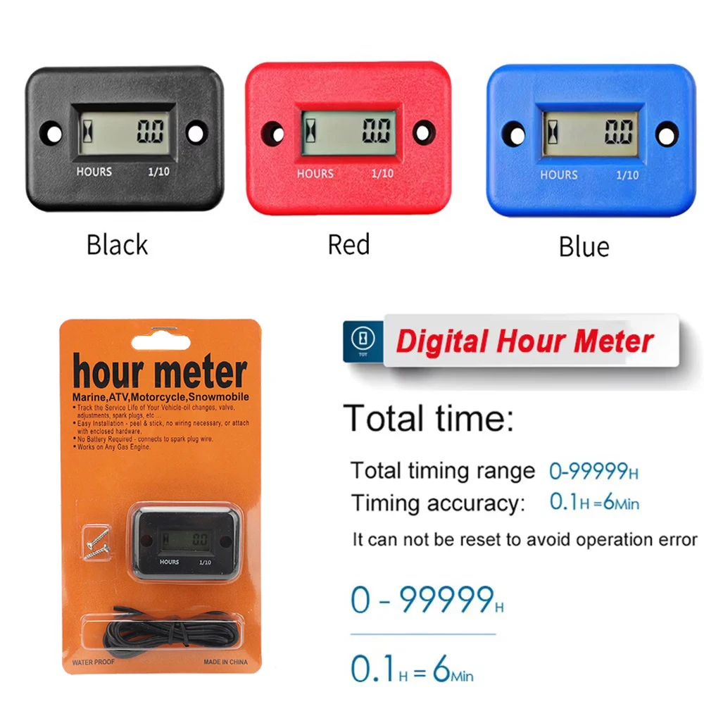 sikeo Waterproof Digital Hour Meter LCD Display Portable Engine Gauge Hour Meter For Motorcycle/Boat Engines Counter Hour Meter