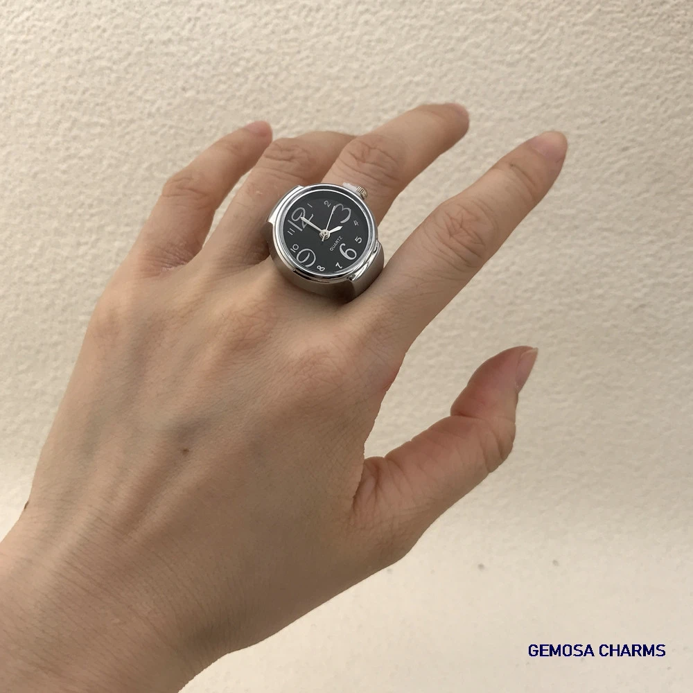 GEMOSA Trendy Finger Watch Round Stainless Steel Italian Charm Link CLassic Clock Roman Quartz Watch Ring Jewelry for Women Men