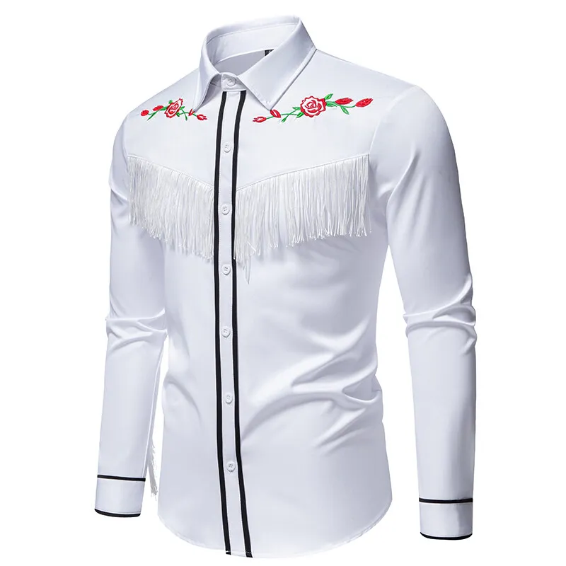 Spring New Fashion Tassels Design Mens Smooth Long Sleeve Shirt Embroidery Costume Performance Shirts Male Party Nightclub Shirt