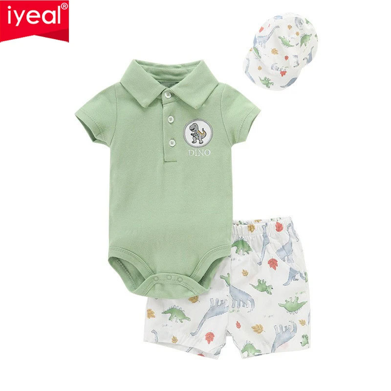 

Комплект одежды IYEAL для маленьких мальчиков и девочек, хлопковые боди с короткими рукавами для новорожденных + шорты + шапка, 3 шт./лот, одежда для малышей