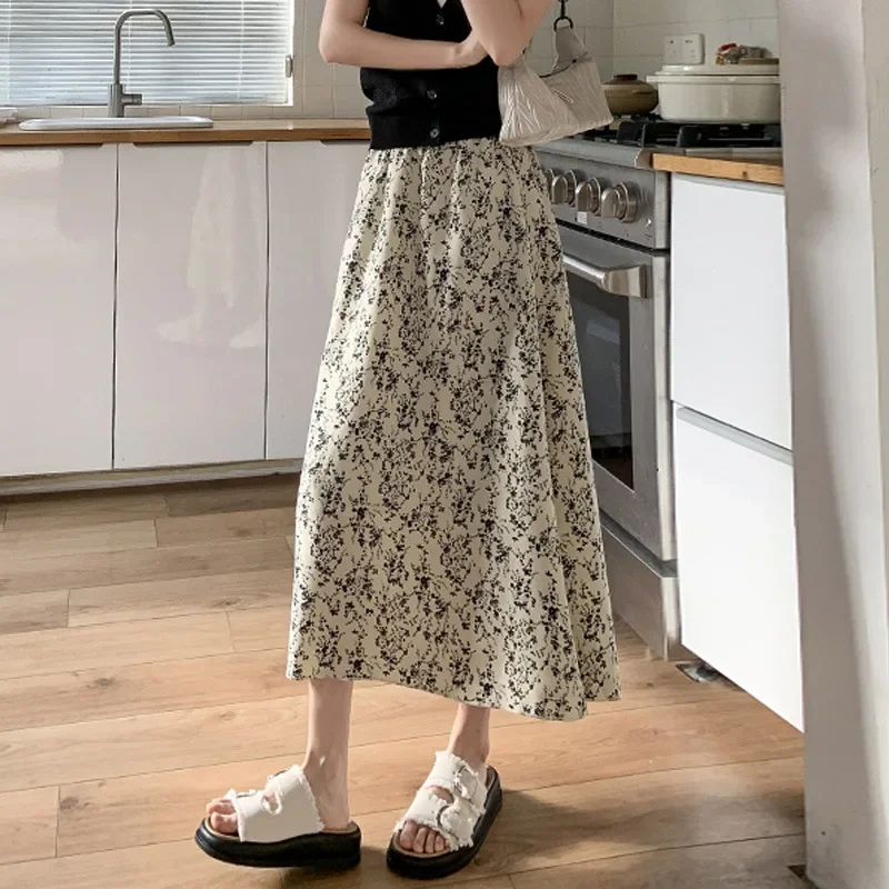 New French Retro Floral Skirt Summer Women Korean Version Loose A-line Large Skirts Umbrella Lazy Age Reducing Mid Length Skirt