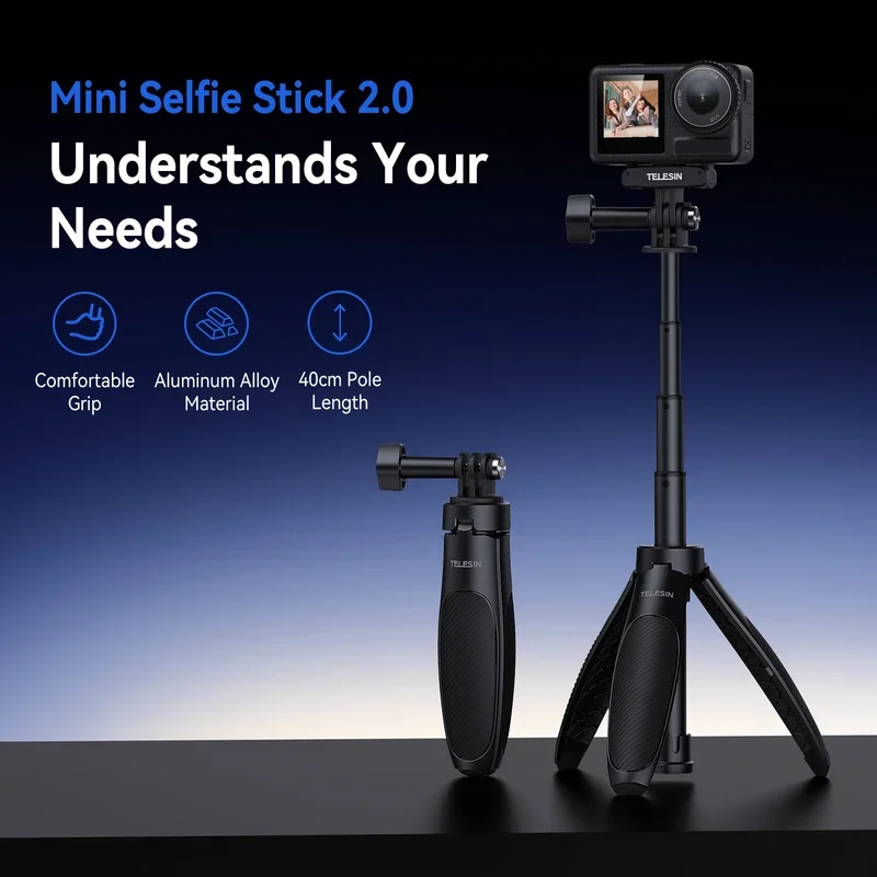 حامل ثلاثي القوائم معياري خفيف للغاية من Telesin، عصا سيلفي 2 في 1 لـ GoPro Hero 12/Insta360 X3/DJI Osmo action 4