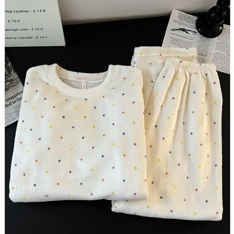 

Girl Coral Fleece Leisure Wear Autumn and Winter Thicken Fleece-Lined Dot Sweet Cute Loungewear Set Dopamine New Style Hot
