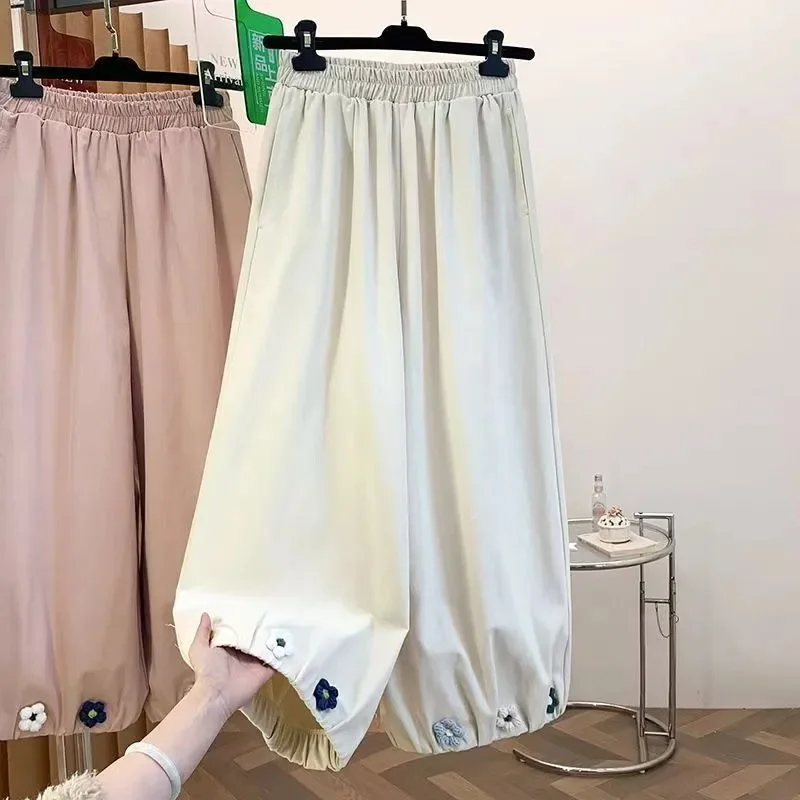 Ladies Large Size 6xl Solid Color Casual Pantalons Women Loose Thin Wide Legs Trousers Female Sweet High Waist Flower Bud Pants