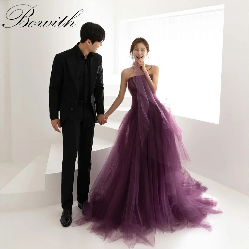 

Bowith Grape Purple Korean Wedding Dresses Customized Strapless Tulle Long Train Bridal Gown Women Wedding Photo Shoot Gown